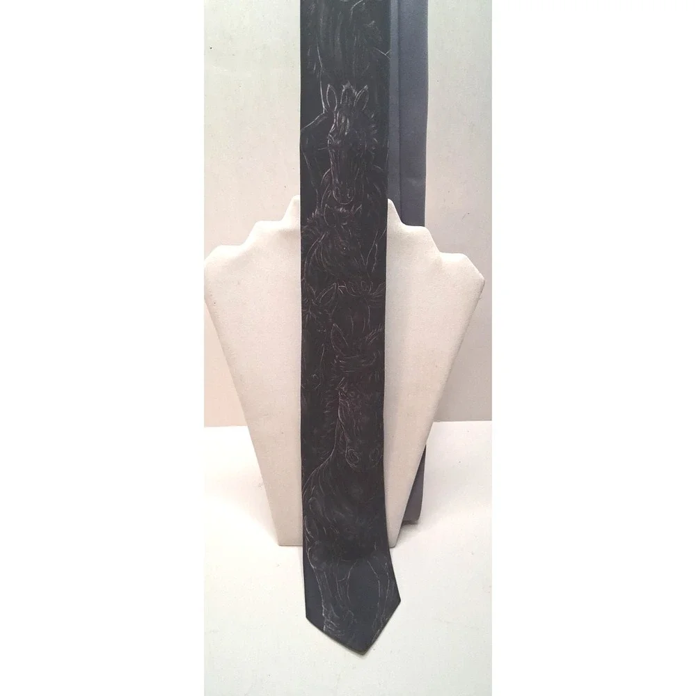 Ralph Marlin Necktie Black Wild Horses VTG Polyester 1988 Equestrian Derby Horse